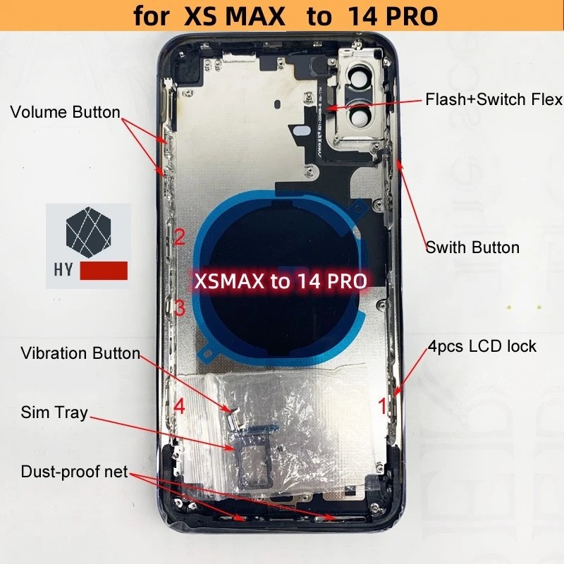 For X/XS/XSMAX Like 14 Pro Housing X Up To 13 Pro Housing XS To 14 Pro Back DIY Back Cover Housing Battery Middle Frame Replacem