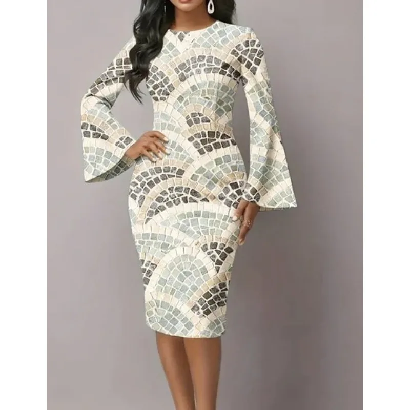 Women's Elegant Navy Blue Bell Sleeve Bodycon Dress High Waist Slim Fit Cocktail Party Dress for Evening, Wedding Guest