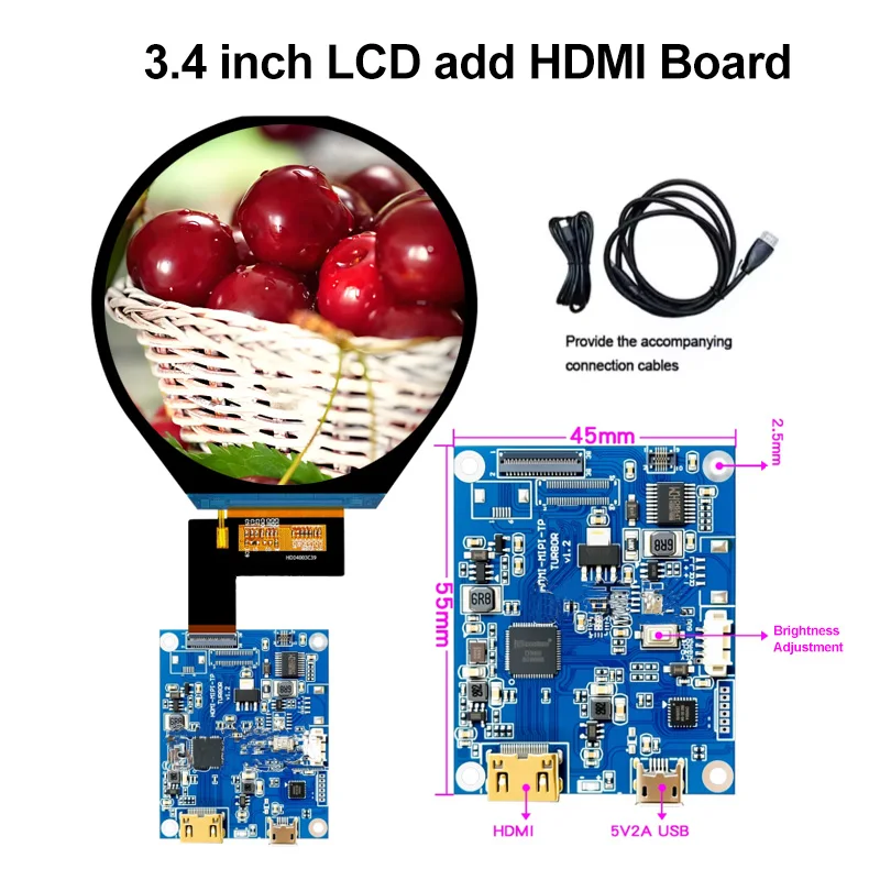 3.4 inch TFT Round Screen 800x800 IPS LCD with Touch add HDMI board