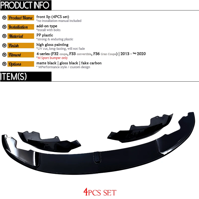 F32 Black Front Lip 4PCS Carbon Printing Lower Bumper Spoiler for BMW 5 Series F33 F36 2013 - 2020 420i 430i 435i 430d M Sport