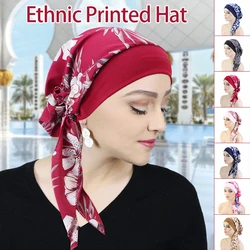 Women Pre-Tied Turban Cap Headscarf Muslim Hijab Cancer Chemo Flower Print Hat Cover Hair Loss Head Scarf Wrap Strech Bandana