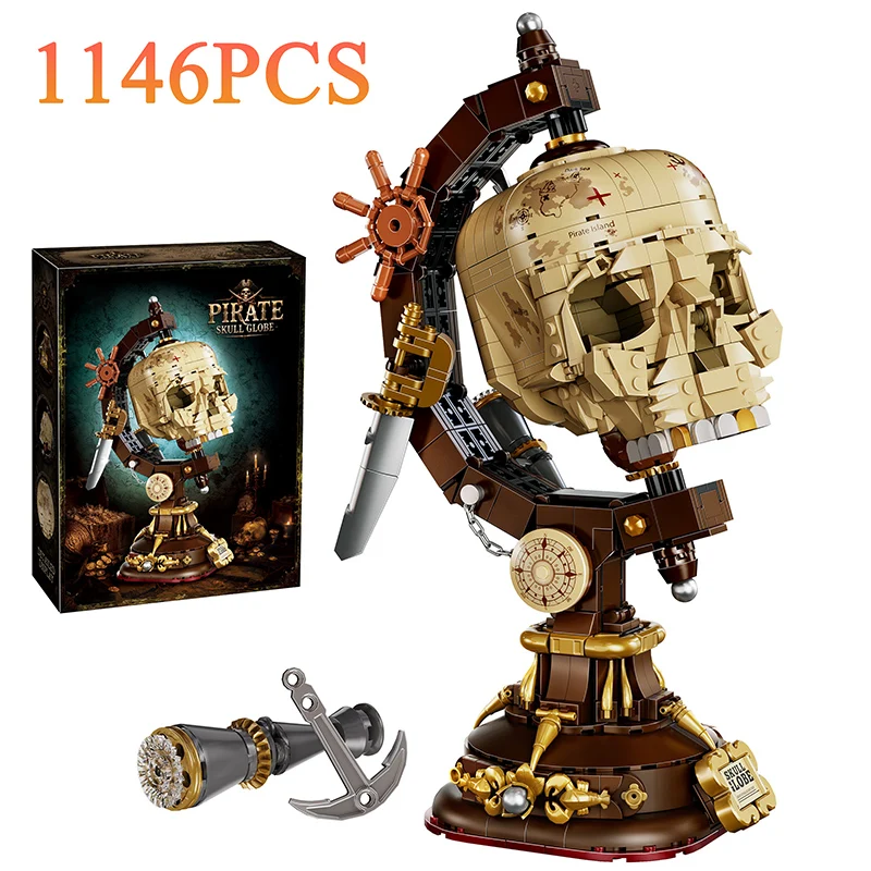 Kreative 1146-teilige Retro-Piratenschädel-Globus-Bausteine Retro-Totenkopf-Tischdekoration Lernspielzeug Geschenk für Erwachsene