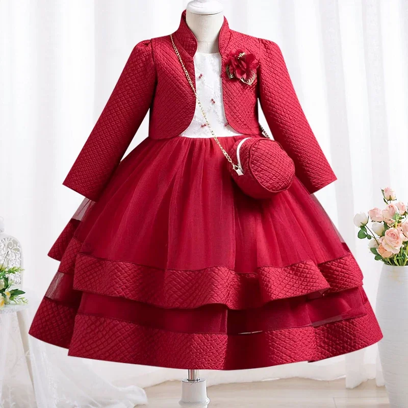 Girls Elegant Gold Silk Embroidery Pattern Tulle Dress Girls Birthday Party Campus Prom Long Sleeve Evening Dress 3-Piece Set