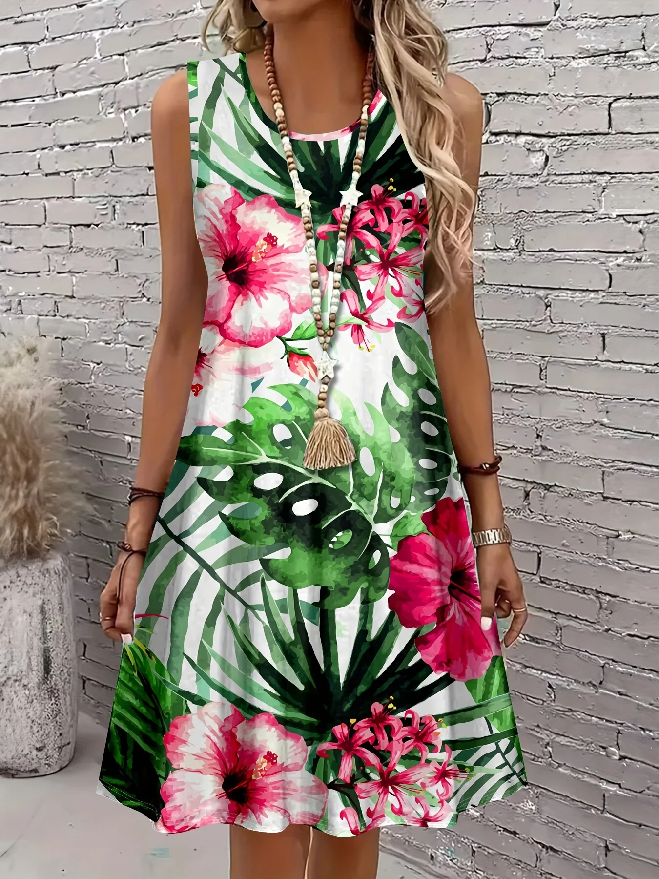 Damen-Kleid, elegant, mit Blumenmuster, rosa, grün, Blattmuster, ärmellos, A-Linie, Halloween-Kostüm, übergroße Damenbekleidung, Y2k-Oberteile