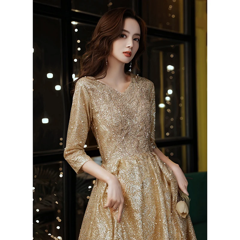 Gold Glitter Prom Dresses 2023 Luxury Appliques Beaded Lace Women Long Evening Gowns With Sleeves