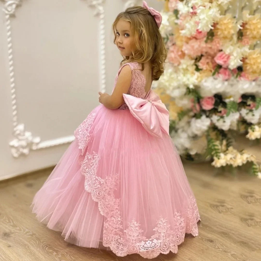 Vestidos de niña de flores personalizados, apliques florales de tul rosa con lazo sin mangas para boda, fiesta de cumpleaños, desfile, vestido de banquete