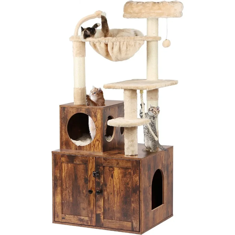 

Cat Tree With Litter Box Enclosure, 2-in-1 Tower For Indoor , Large Cat Furniture, Wood Condo With Basket||