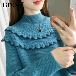 Autumn Winter Ruffles Elegant Fashion Solid Sweater Lady Korean Style Plus Velvet Wild Knitting Jumper Top Women Casual Pullover