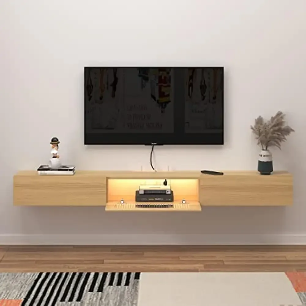 

71'' Floating TV Stand with LED Lights Glass Door 2 Drawers Wooden Entertainment Media Console Wall Mounted Cabinet Cable