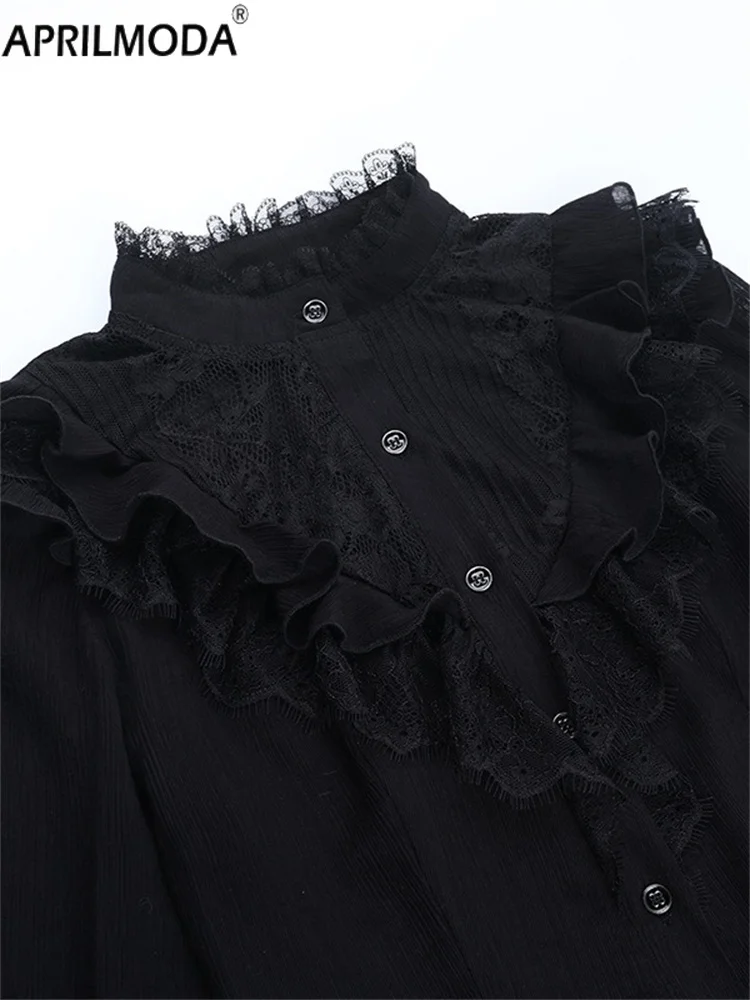 2025 Halloween Nero Pizzo Manica Lunga Donna Casual Dolce Camicetta Lolita Vintage Gotico Jacquard Elegante Office Lady Y2k Top