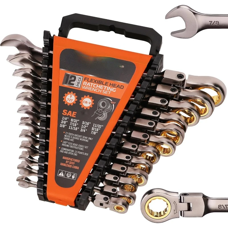 12-Piece SAE Flex-Head Ratcheting Wrench Set Set with Organizer1/4” to 7/8“ Ratchet Combination Wrenches Set 72-Teeth