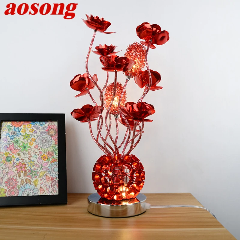 AOSONG Modern Red Table Lamp Fashionable Art Flower Iiving Room Bedroom Wedding LED Originality Aluminum Wire Desk Light