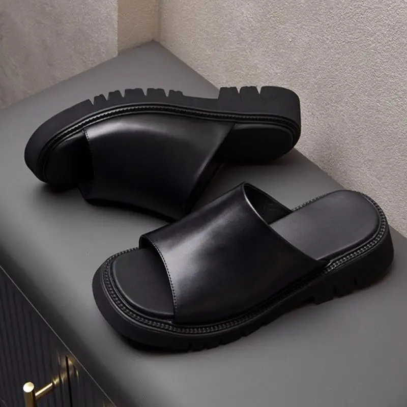 New Summer Genuine Leather Slippers Men Slides Sandal Shoes 4cm Height Increase Outdoor Leisure Shoes Slip-On Slippers Sandals