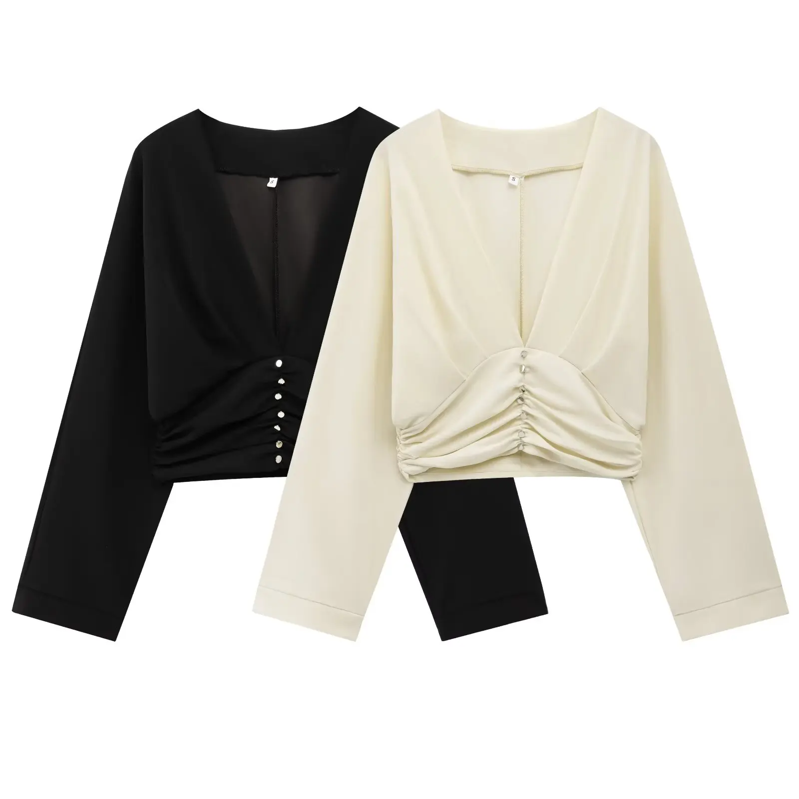 

2025 boutique fashion women's casual elegant design sense European and American wave style wide swing pleated V-neck top