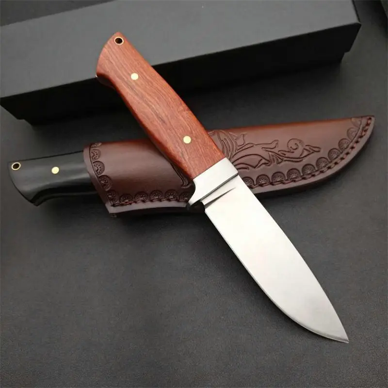 TRSKT RW Loveless Hunting Knife Camping Outdoor Knives D2 60Hrc Blade,Wood Handle With Leather Sheath Gift For Man Freesshipping