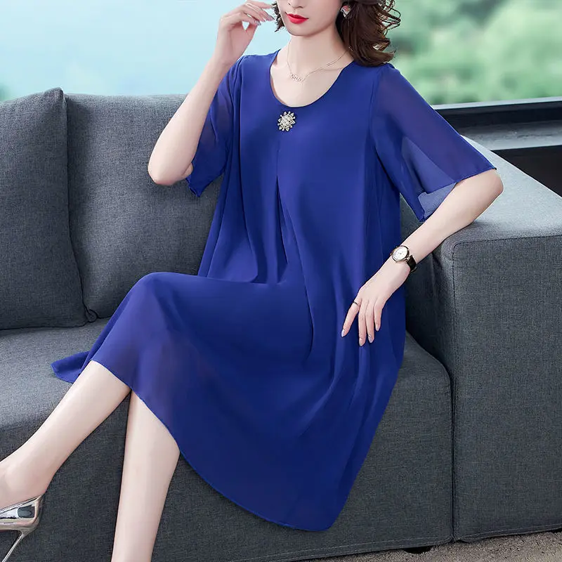 2023 New Women\'s Clothing Gauze Patchwork Solid Color Loose Pullovers Round Neck Korean Pleated Fashion Casual Elegant Dresses