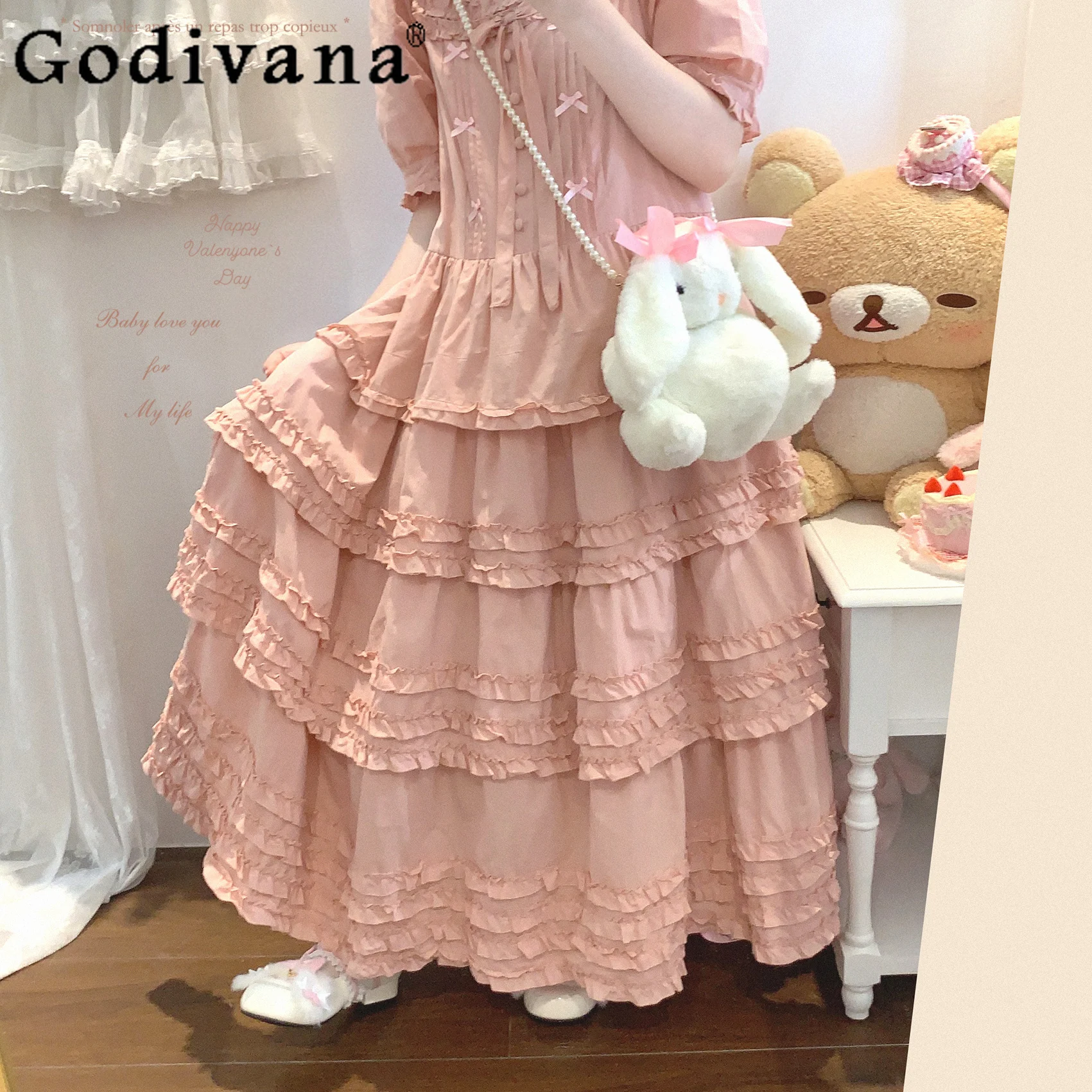 

Japanese Mori Girls Sweet Bow Long Dress Summer Japanese Lolita Style Loose Slim Short Sleeve Dress Daily Basic Casual Dresses