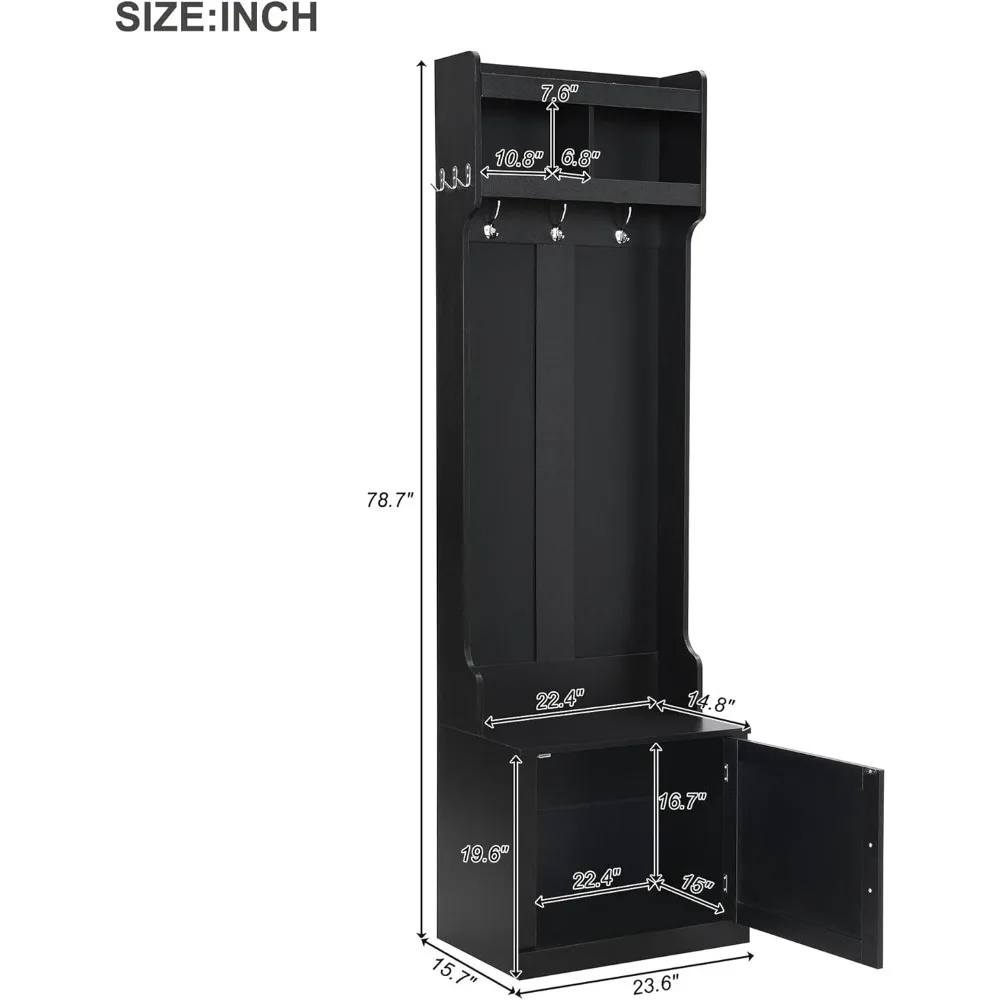 23.6" Coat Rack w/Storage Cabinet, Coat Rack with 6 Hanging Hooks, Multi-Functional Storage Bench with Open Shelves