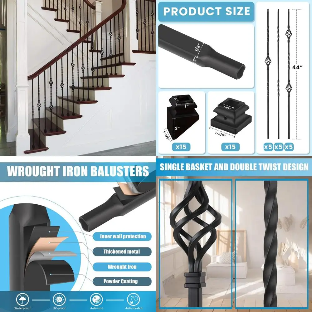 

Набор из 15 железных балясин для лестниц - 1/2 полых квадратных металлических шпилек, 5 одинарных, 5 двойных, 5 одинарных дизайнерских, всего 15 штук