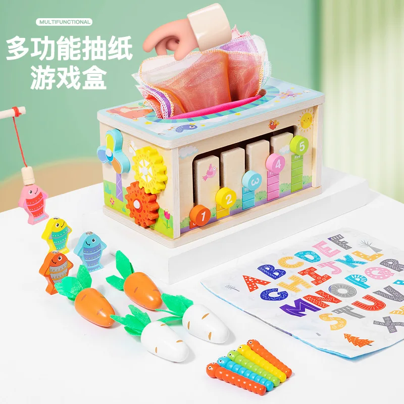 Boîte de jeu de dessin en papier multifonctionnelle en bois, formation à la Concentration pour bébé, pêche, radis, traction, jouet éducatif pour l'éducation précoce