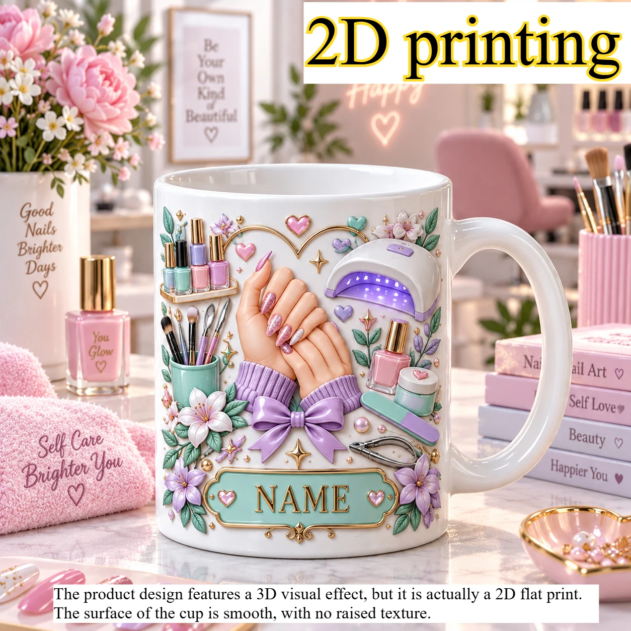 Custom Name Nail Artist Coffee Mug 2D Printing 11oz Ceramic Cup UV Lamp Flower Design Gift for Nail Tech Salon Birthday Christma