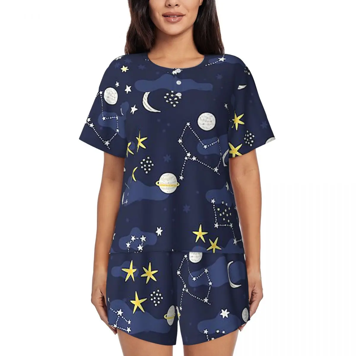 Galaxy Cosmos Moon Stars Astronomy Cartoon Universe Camisones de manga corta con cuello redondo para dormir, conjunto de pijama para mujer, pantalones cortos