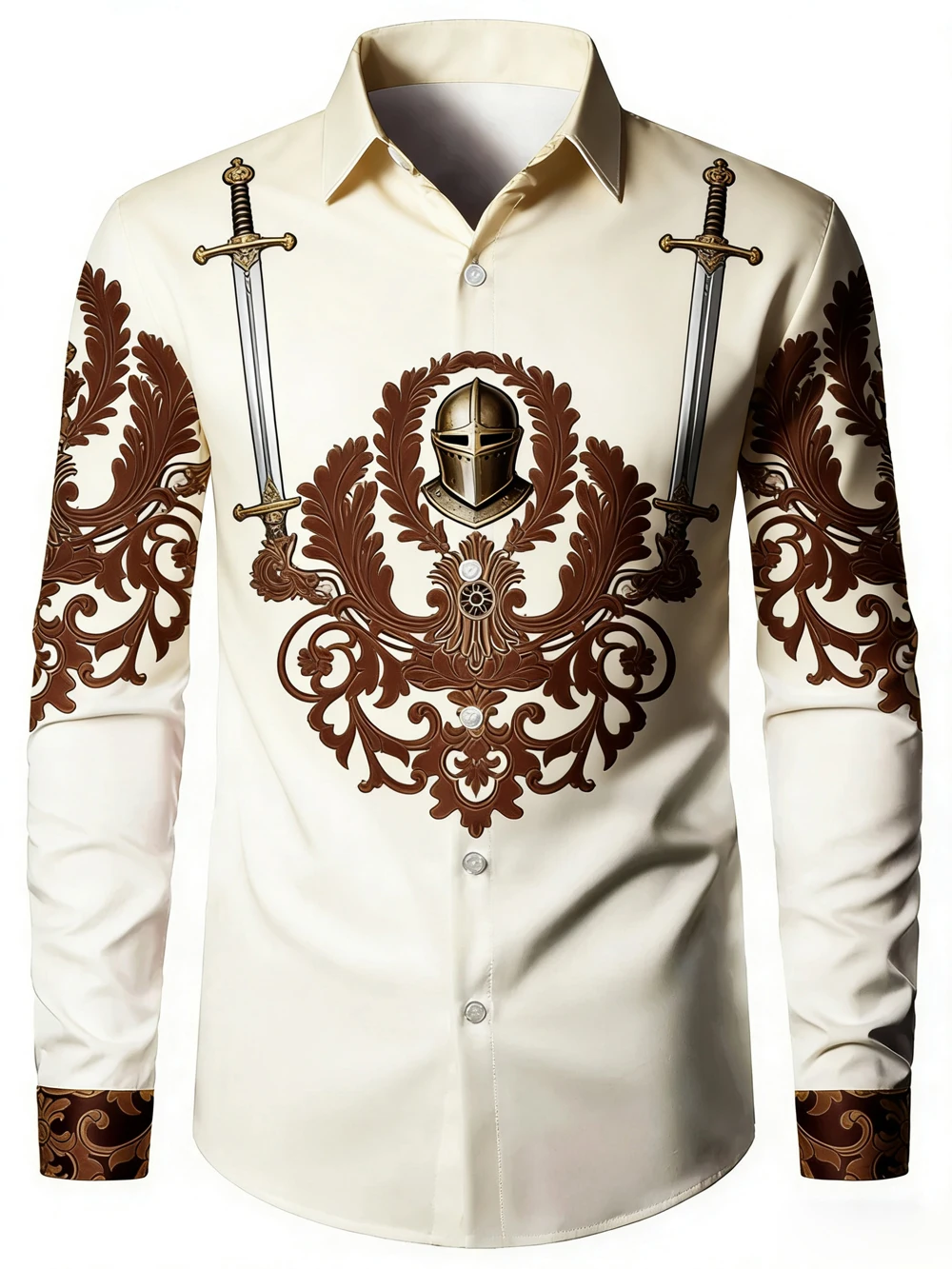 

2026 New Men's Baroque Knight Pattern 3D Printed Shirt Hawaiian Vacation Casual Long Sleeve Lapel Shirt Men's Outdoor Clothing
