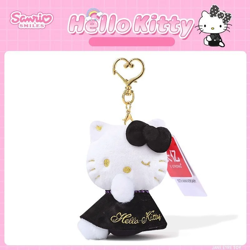 Hello Kitty Sit Sideways Posture Black Bowknot Plush Stuffed Toy Love Heart Keychain Backpack Pendant Holiday Gifts for Friends