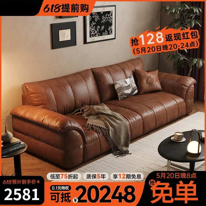 

Milek Buddy leather sofa medieval living room straight row small apartment brown retro oil wax first layer cowhide sofa