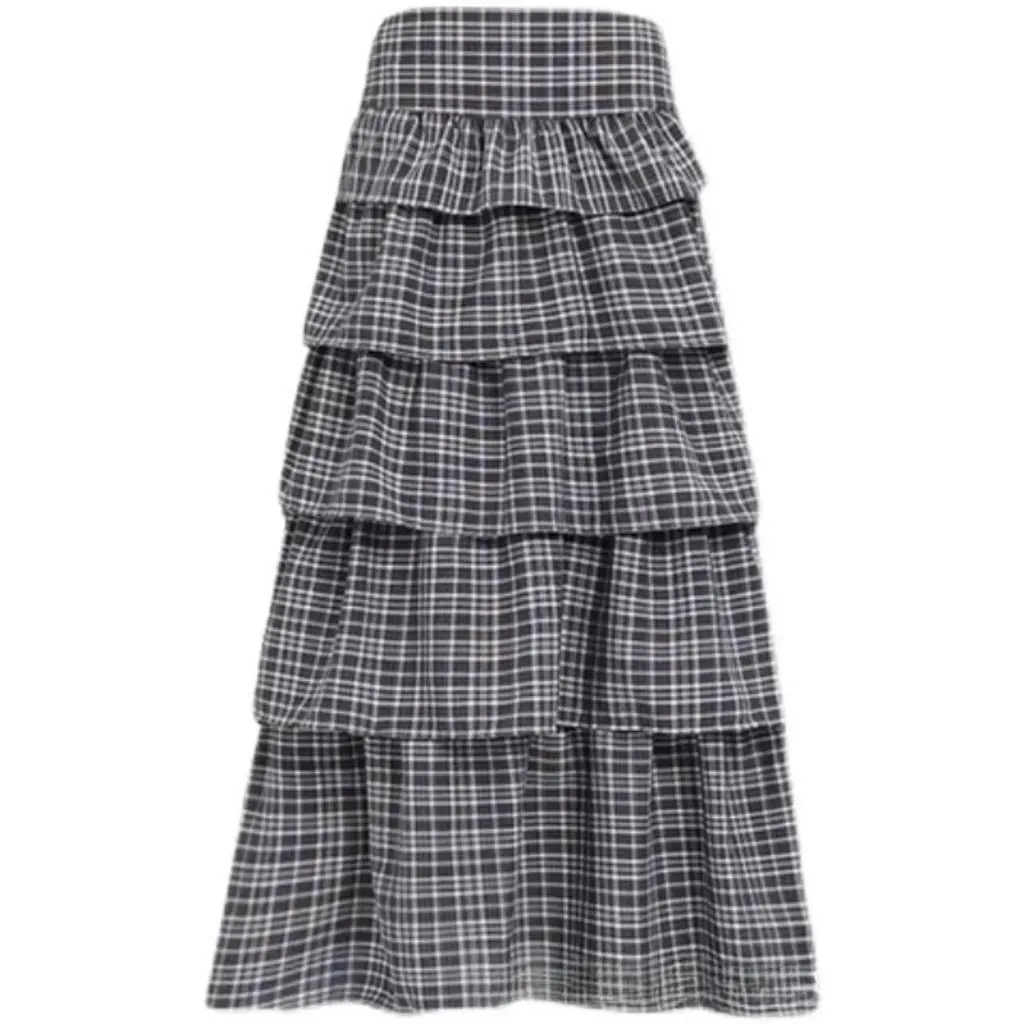 

Black Plaid High Waist A-Line Skirt for Women Slimming Mid-Length Tutu Skirt Spring Autumn New Cake Skirt
