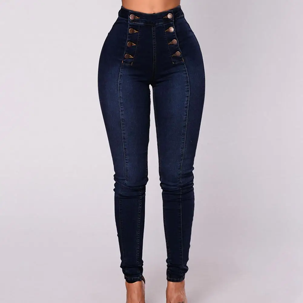 Frauen Hohe Taille Bleistift Jeans Vintage Dünne Doppel-breasted Taschen Push-Up Voller Länge Denim Hosen Hosen Weibliche Kleidung