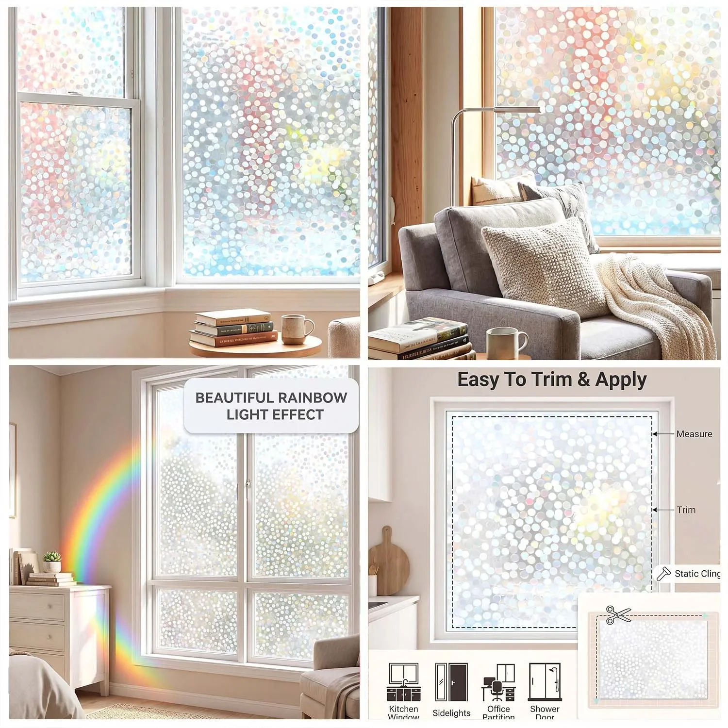 Rainbow Window Film Stained Glass Static, Glueless Privacy Glass Sticker, UV Block Heat Removable Window Tint for Bedroom Decor
