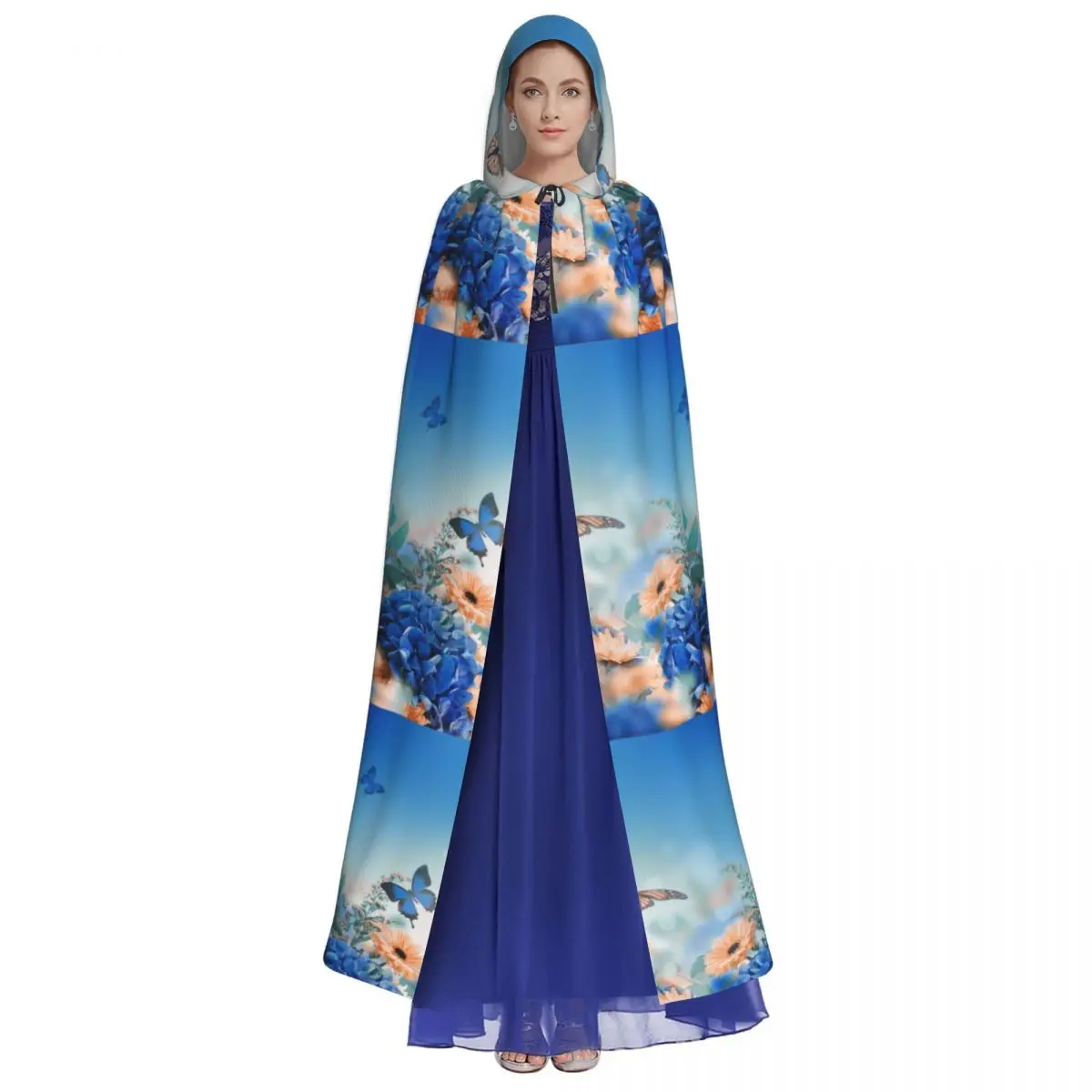 Blue Hydrangeas And Daisies Floral Butterflies Unisex Adult Cloak with Hood Long Witch Costume Cosplay