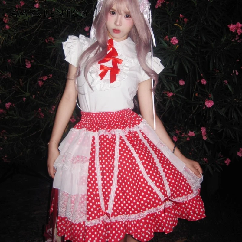 

Original Design Red Polka Dot Lace Splicing Cute Women's Cake Skirt Japanese Retro New Sweet Lolita Puffy Short Skirts Ladies