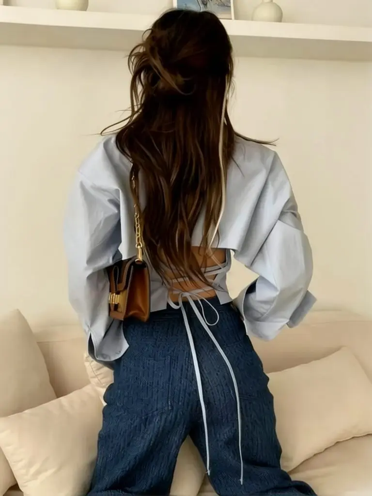 

Backless Lace up Cropped Shirt Women Button up Long Sleeve Blouse Youth Elegant Tied Waist Basic Shirt Lady Casual Tops