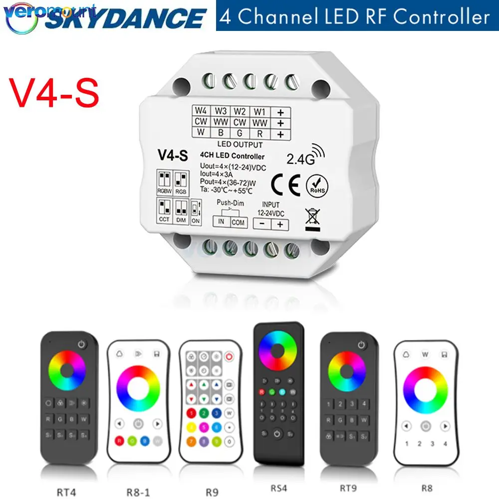 

Skydance 4CH*3A 12-24V DC CV Controller V4-S Dimming/Color Temperature/RGB/RGBW 4 in 1 2.4G RF + Push-Dim LED Strip Controller