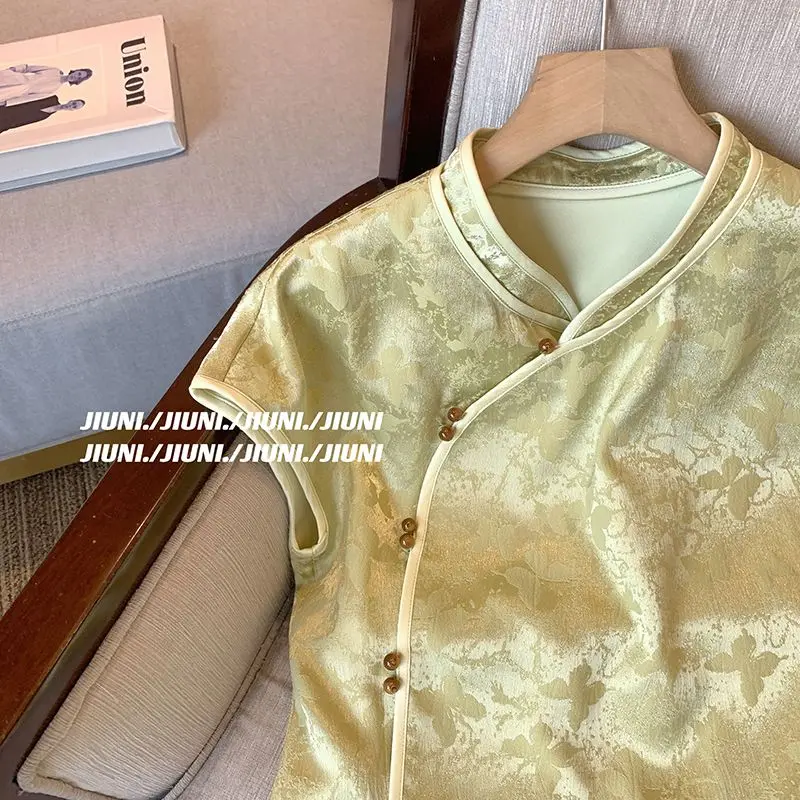 الساتان الحرير الجاكار ريترو قميص المرأة قصيرة الأكمام الأزهار المطبوعة البلوزات النمط الصيني خمر بلوزات فضفاضة الصيف موضة جديدة