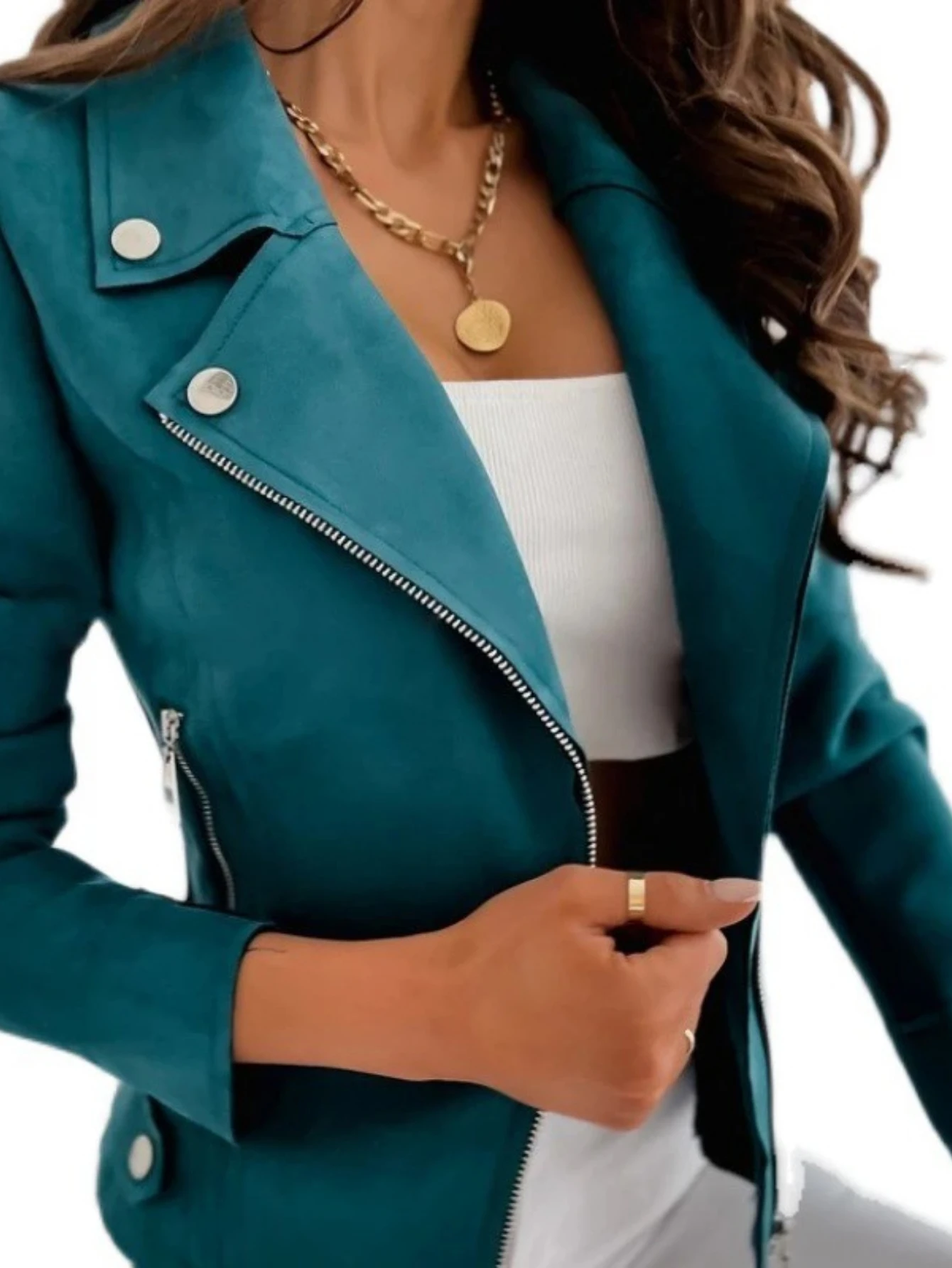 

Women's Slim-fit Zipper Short Lapel Jacket Suede Spring Autumn Coat Fashionable Casual Outerwear