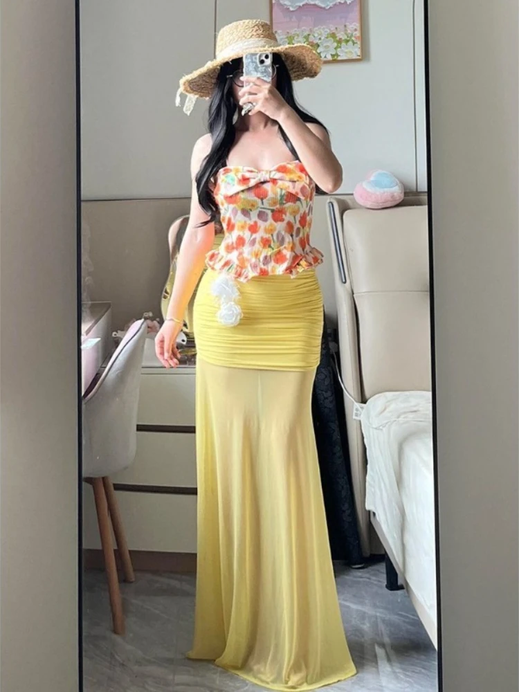 

Spring French Elegant Women's Two Piece Set Floral Strapless Tops + Yellow A-line Long Skirt Holiday Beach Korean Fashion Outfit