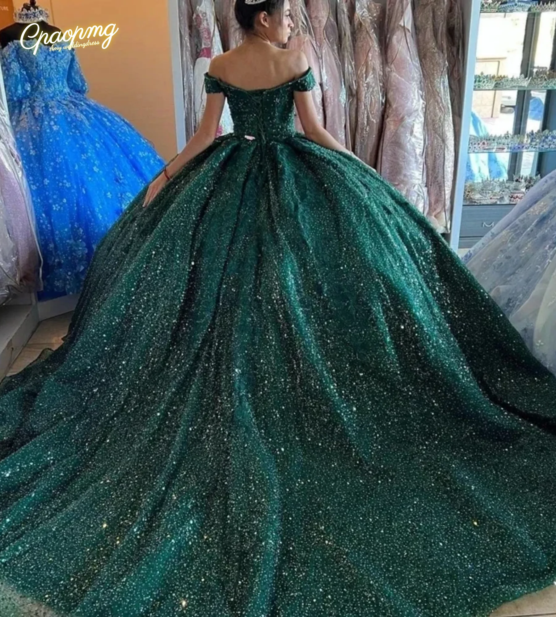 Vestidos quinceanera verdes brilhantes personalizados com miçangas fora do ombro festa de aniversário baile
