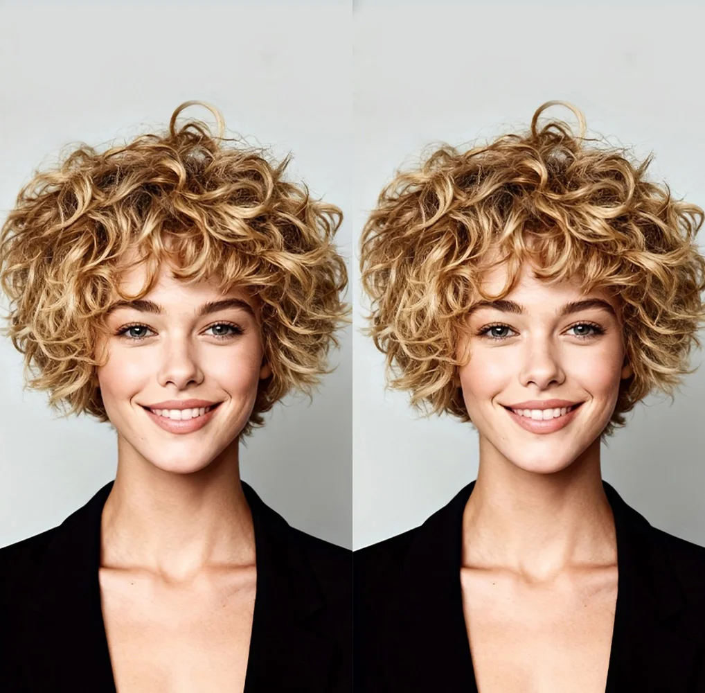 

Brown Blonde Pixie Cut Human Hair Wig for Women | Layered Short Straight Full Machine Made Wigs with Bangs.