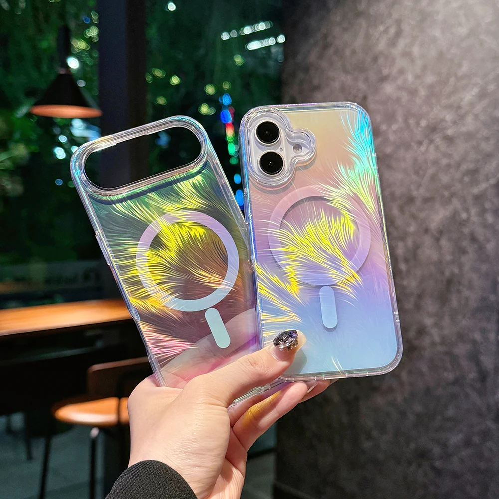 iPhone17 Pro Max/17 Air用Magsafe対応ケース、落下防止防水、オーロラグラデーションフェザー、マグネット式カラフルレーザーカバー