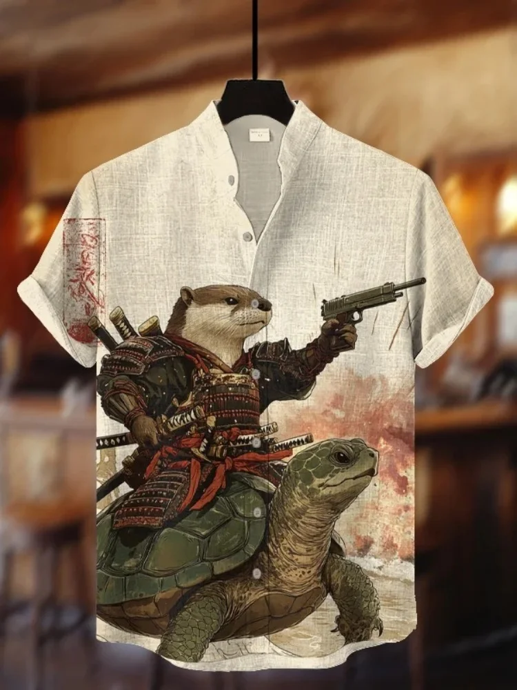 

Men's Clothing 2025 Summer Holiday Otter Samurai Turtle Explosion Print Short Sleeve Shirt Hawaiian Beach Beige Stand Collar Top