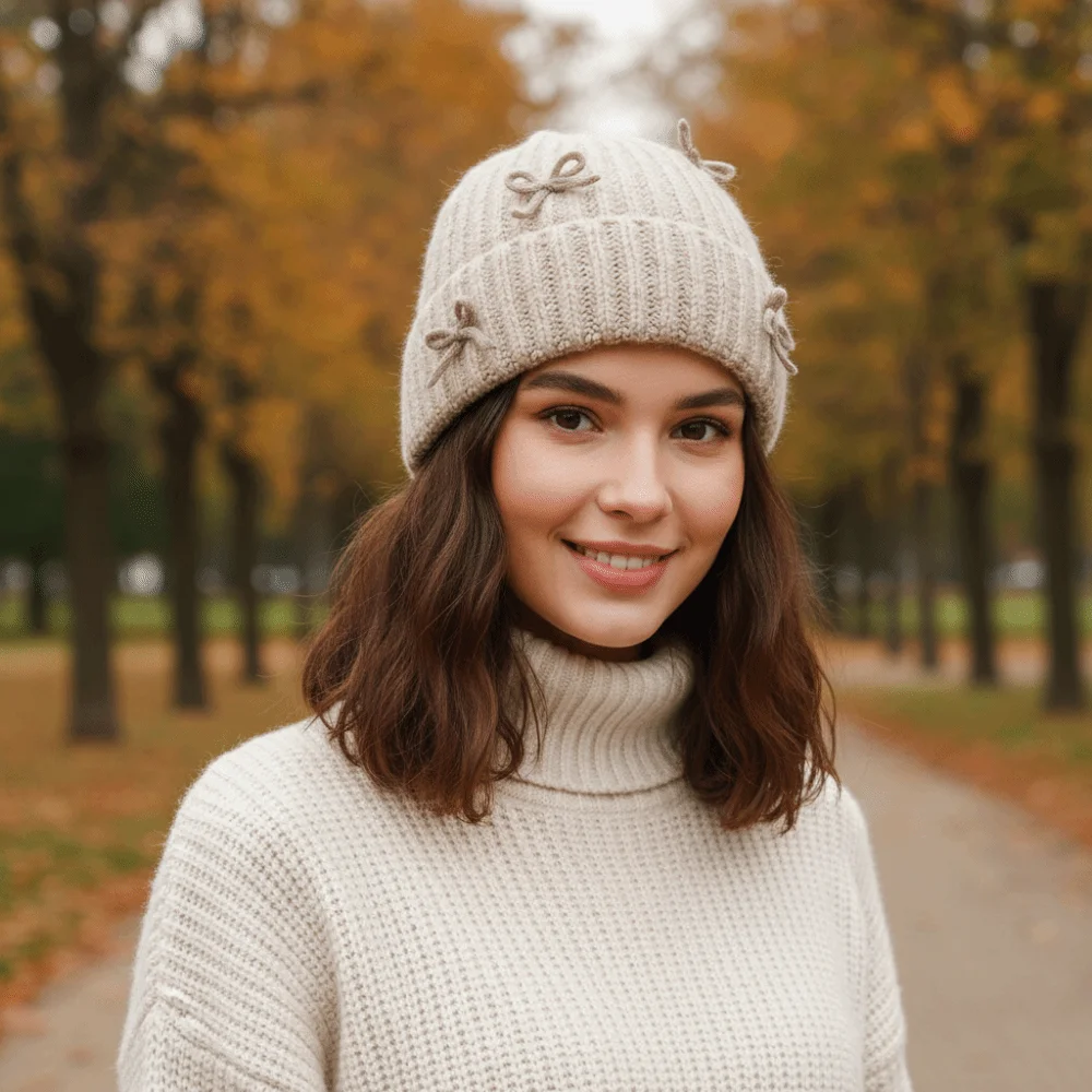 

Повседневная толстая вязаная шапка-бини, теплая шерстяная пуловерная шапка в корейском стиле с бантом, однотонная корейская милая зимняя шапка с бантом