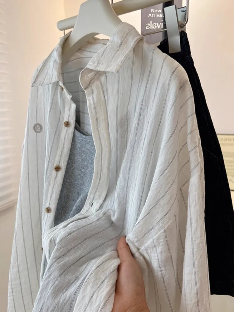 قميص نسائي صيفي فضفاض بأكمام طويلة للحماية من الشمس، ملابس خارجية عصرية، قميص بياقة بولو مخطط مع تفاصيل أزرار، مقاس عادي #2