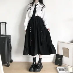 Spring/Autumn Women Skirts High Waist Student Korean Style Dark Vintage Ruffle Long A-line Skirts Women Fashion 2024