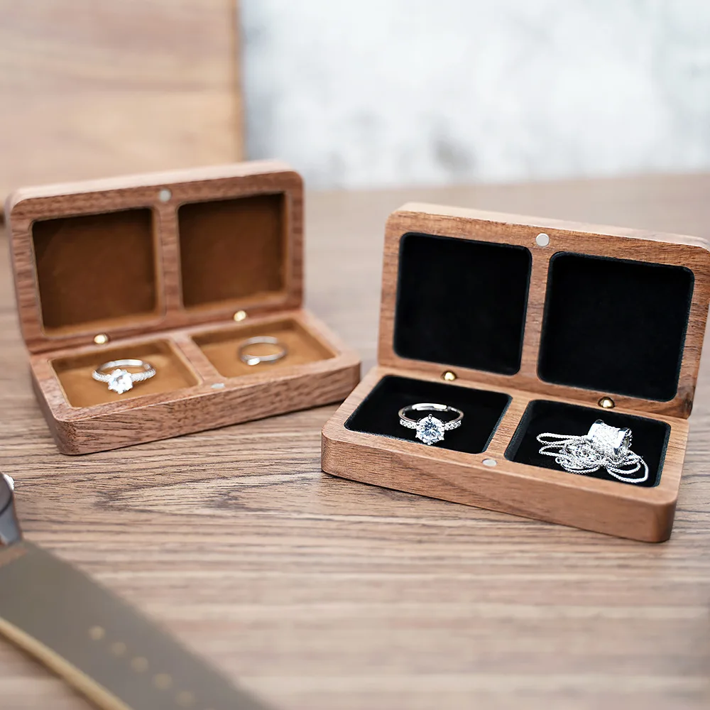 Wooden Jewelry Box Double Slots Square Necklace Earrings Rings Dispaly Cases Proposal Wedding Travel Ring Bead Gifts Storage Box