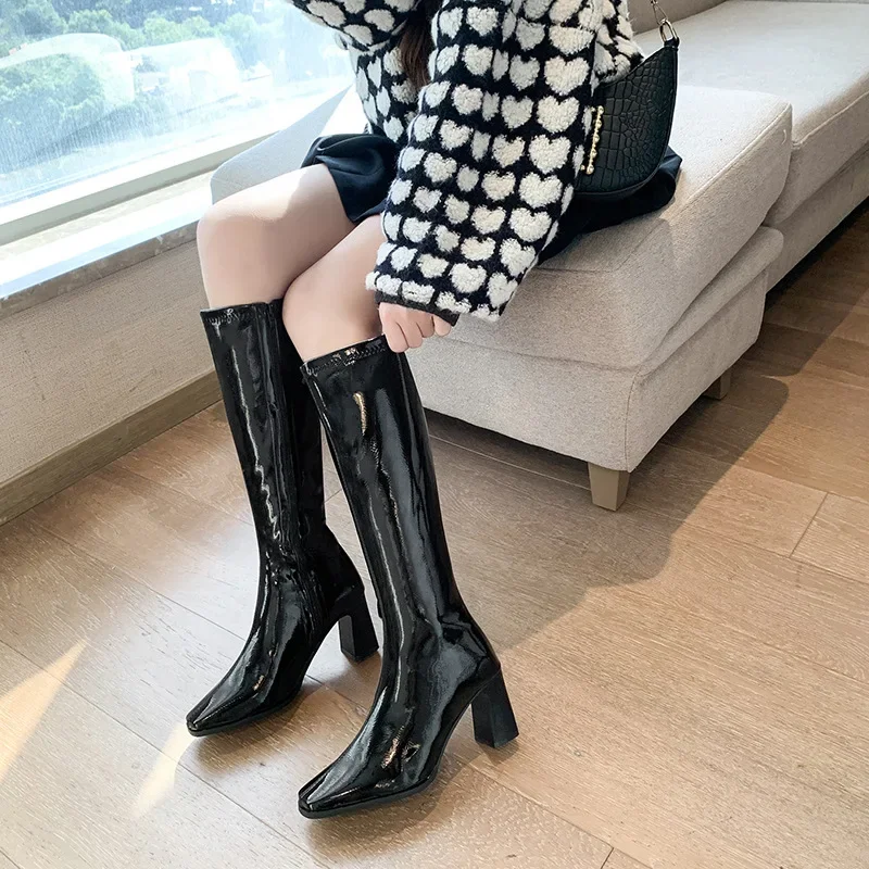 Botas Luxury Women Boot Autumn Winter Simple Thick Heels Long Boot Elegant High Boot Fashion Knight Boot Leather Boot Women Shoe