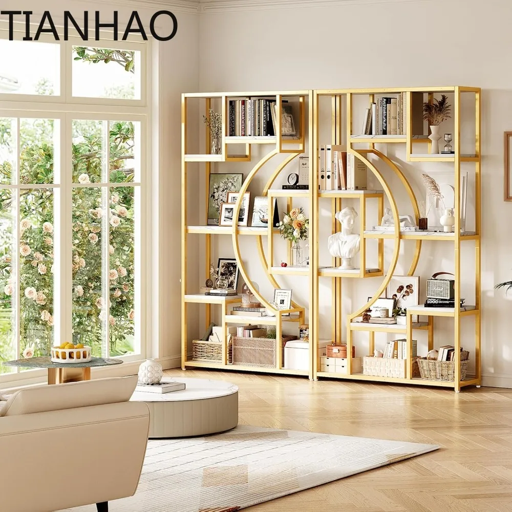 White and Gold Bookshelf Set of 2 with Metal Frame, 5 Tier Geometric Bookcase, Adjustable Modern Book Shelf with 18 Open Shelves