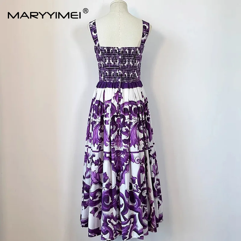 MARYYIMEI 우아한 세련된 여름 드레스 스파게티 스트랩 백리스 하이 웨이스트 퍼플 프린트 캐주얼 홀리데이 코튼 드레스